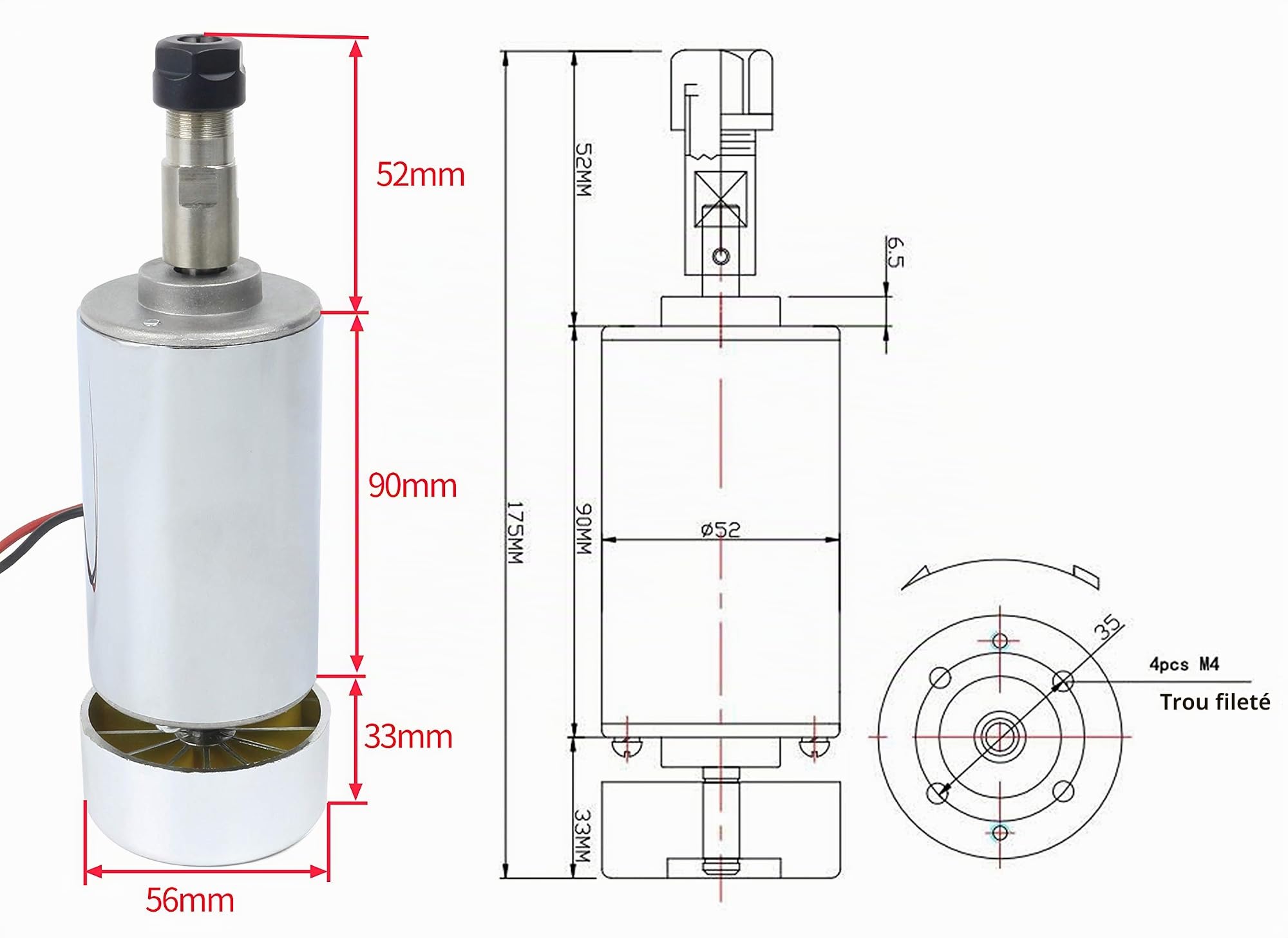 RATTMMOTOR Moteur de broche CNC, broche refroidie par air, 300 W, moteur de fraisage ER11, 52 mm, DC 12-48 V, broche refroidie par air, moteur de broche 12 000 tr/min, pour petites machines de gravure