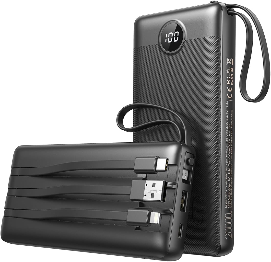 VEEKTOX Power Bank 20000Ah Powerbank con Cavi Integrati Caricatore