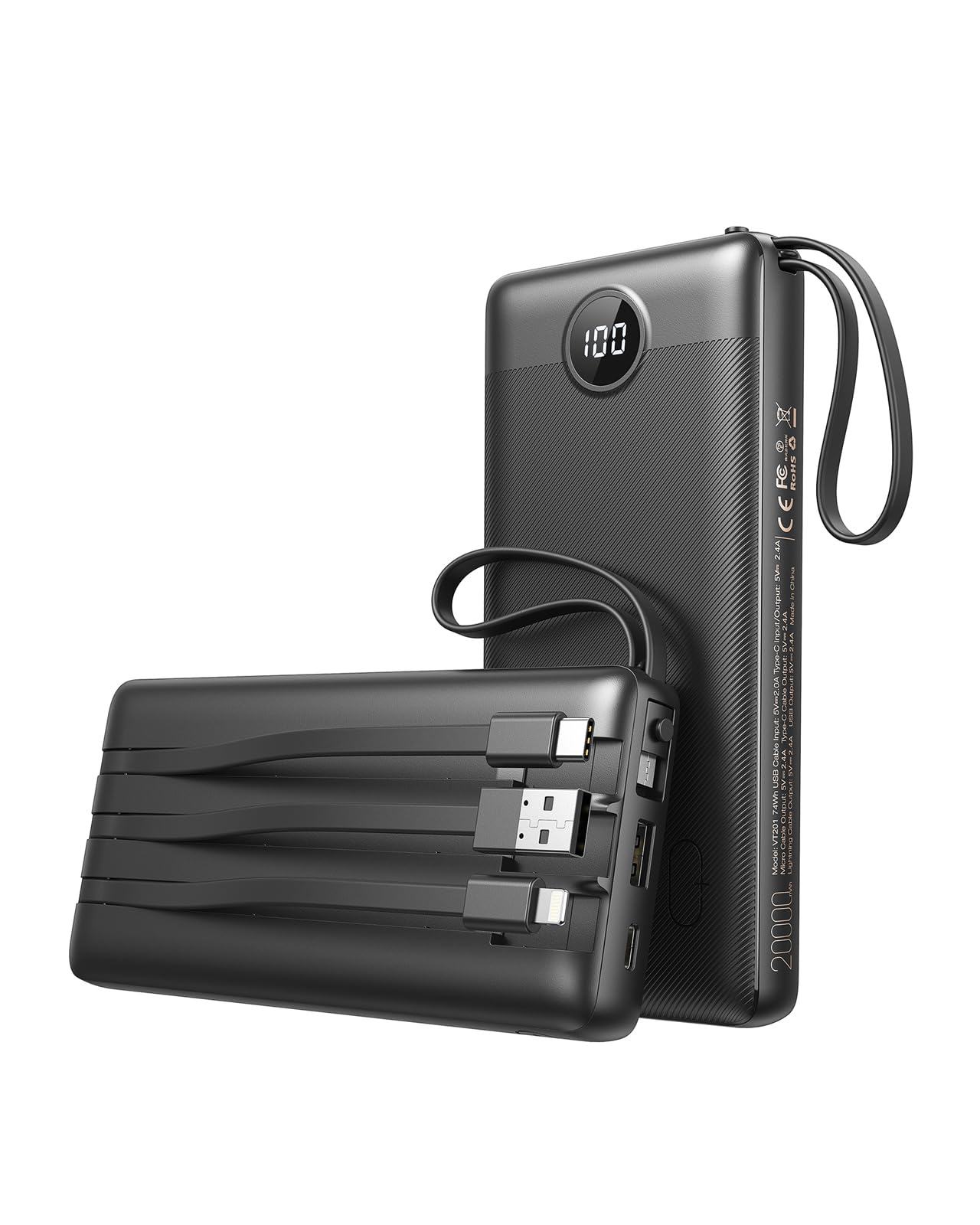 Power Bank 20000mAh Batteria Esterna con Cavi Integrati Caricatore Portatile Powerbank USB C con 5 Uscite e 2 Ingressi Compatibile con iPhone, iPad, Samsung, Huawei, Xiaomi (Nero)