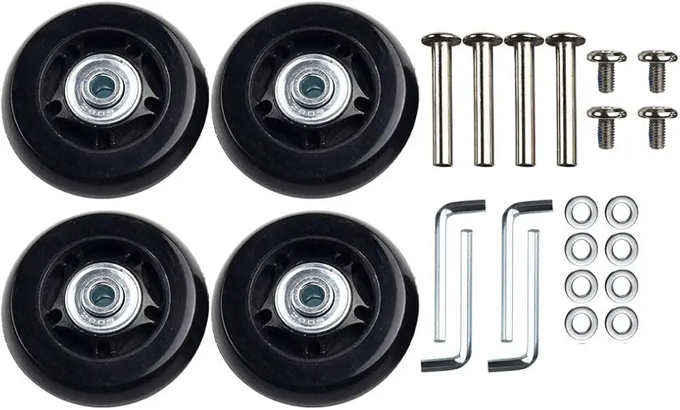 Pacote com 4 rodas de substituição de bagagem para malas – Rodas de borracha silenciosas, 40 mm/41 mm/60 mm/64 mm/68 mm/70 mm/75 mm de diâmetro, rolamento de identificação de 6 mm, inclui parafusos e