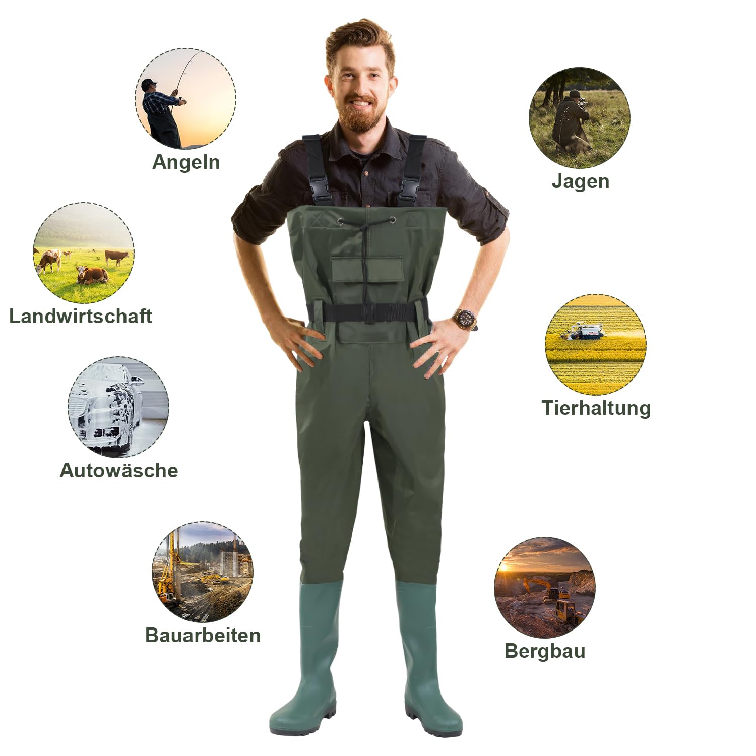 Wathose Herren, Anglerhose 70D Nylon mit Stiefe, PVC Watthosen Wasserdichtl mit Haken, Angelhose mit Verstellbarer Schultergurt, Fischerhose für Baustellen, Gärten