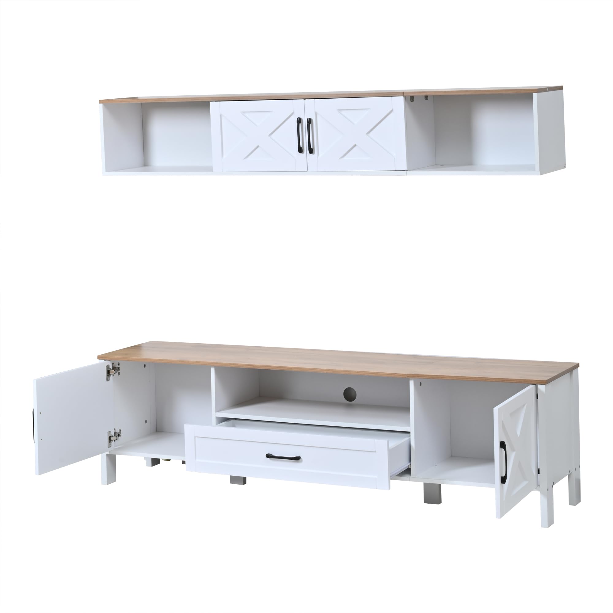 Set da parete per TV da 180 x 40 x 50 cm (set completo, 2 pezzi), supporto per TV + vetrina sospesa, set da parete multimediale, con 4 armadi e 1 cassetto, set per TV fino a 80", bianco