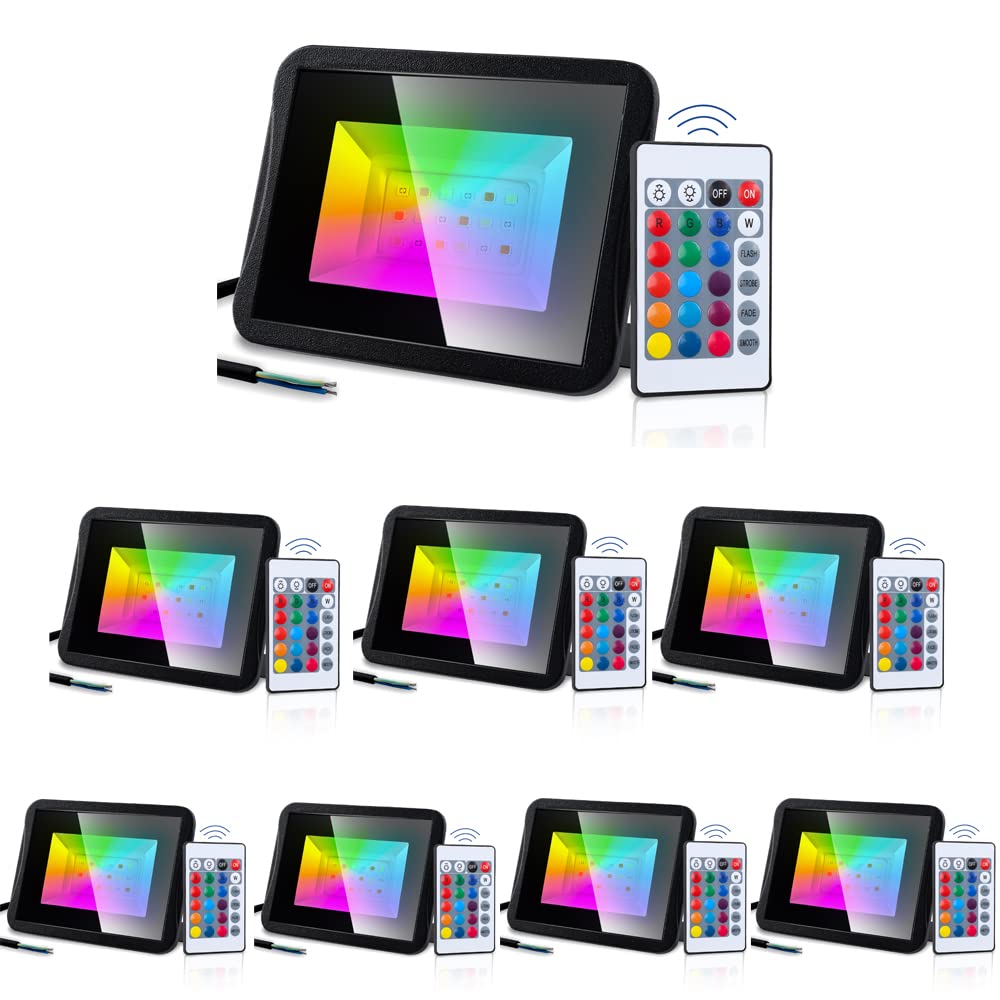 Sonnewelt Faretto LED RGB per esterni, 30 W, 8 pezzi, IP66, con telecomando | IP66 impermeabile, angolo di 120°, cavo da 1 m, cambio colore e memoria, alluminio, per giardino, terrazza e albero.