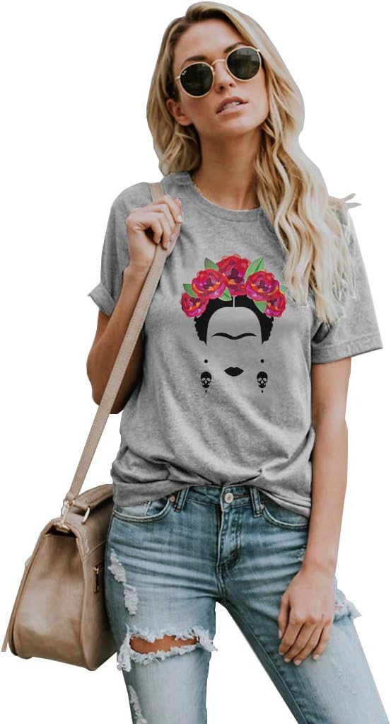 VVTS Womens Frida Kahlo Mexican Personalized Artist Short Sleeve T Shirt Round Neck Tees