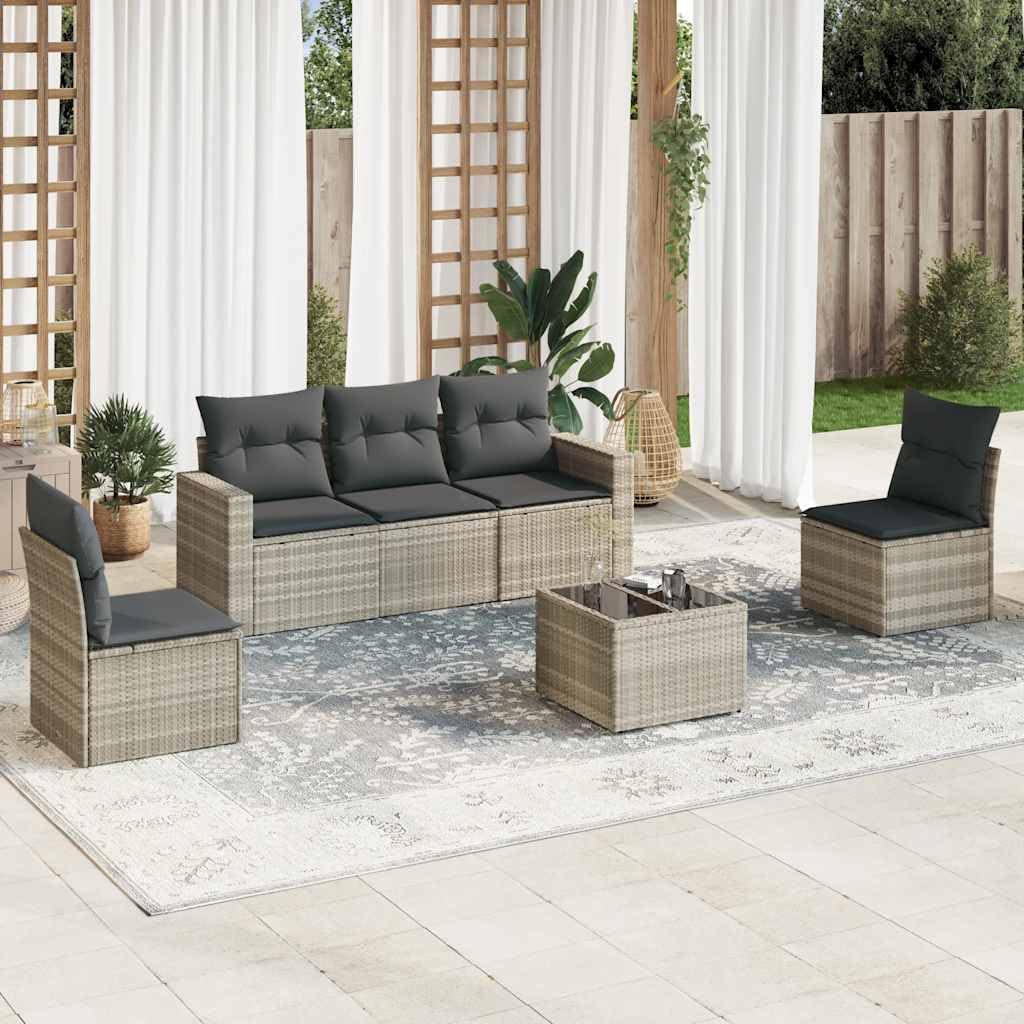 Set divano da giardino 6 pezzi con cuscini grigio chiaro in polyrattan resistente, design modulare con funzione conservazione, tavolo vetro temperato per terrazzo, patio e veranda relax