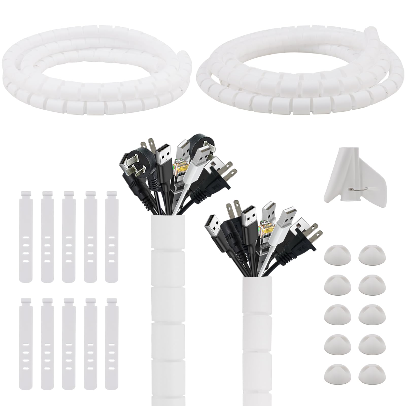 2 * 3 M Avvolgicavo a spirale, Flessibile Raccogli Cavi, Raccoglicavi Spiralato, Guaina Cavi di Diametro di 22mm / 28mm, Copricavo Spirale,con Guidafilo,per Mettere in Ordine Cavo PC,TV,Bianco