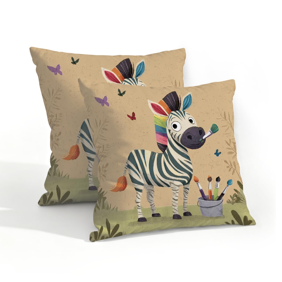 Outdoor Pillow Covers Waterproof Pillowcases 18x18in Set of 2 Cartoon Zebra Painter Decorative Throw Cushion Case for Couch Sofa Garden Patio Furniture