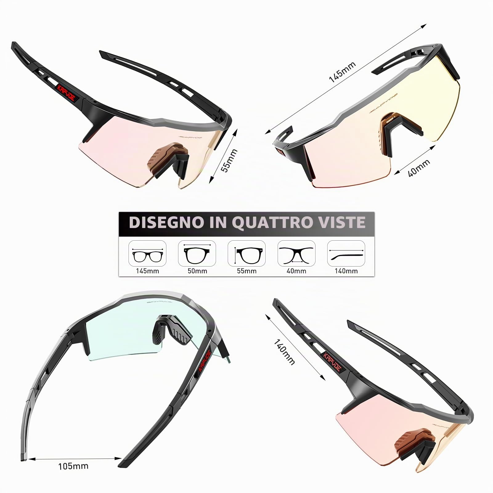KAPVOE Occhiali da ciclismo fotocromatici UV400 uomo donna TR90 K9023 | Occhiali da ciclismo fotocromatici, UV400 Protezione, Struttura TR90 e supporto interno integrato