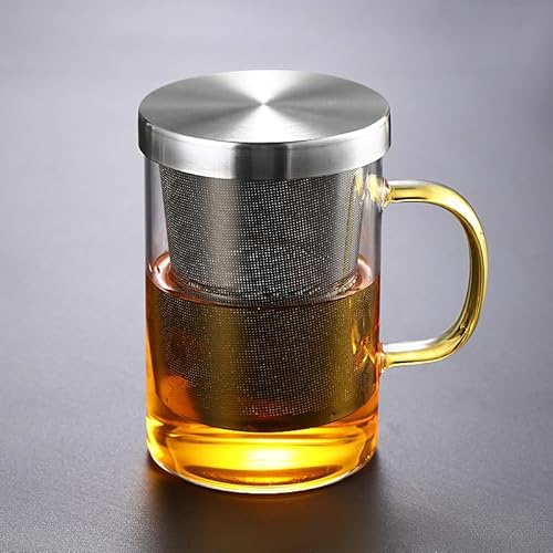 Teetasse Glas 450ml Teeglas mit Sieb und Deckel, Tee Tasse, Filter aus Rostfreiem Stahl, Ein Gutes Teegefäß, Mehr Genuss Beim Teetrinken (Gelber Griff)