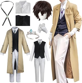 Dazai Osamu Costume,Dazai Outfit Brown Uniform Halloween with Ring