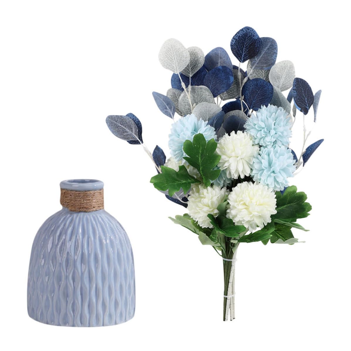 Vase en soie bleu sans arrosage avec sa fleur artificielle en céramique durable