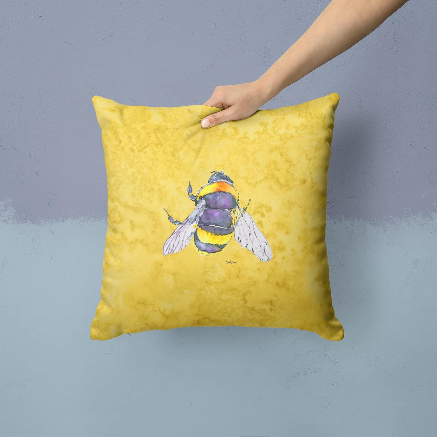 Caroline's Treasures 8852PW1414 Bee on Yellow Fabric Decorative Pillow Machine Washable, Indoor Outdoor Decorative Pillow for Couch, Bed or Patio, 14Hx14W
