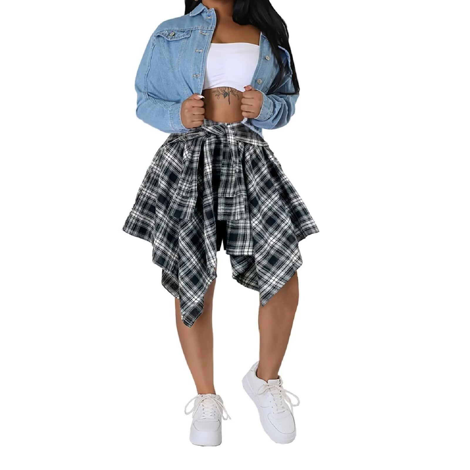 RAMOUG Summer Knot Skirts for Women Plaid Asymmetrical Hem High Waist Y2K Mini Short Skirt