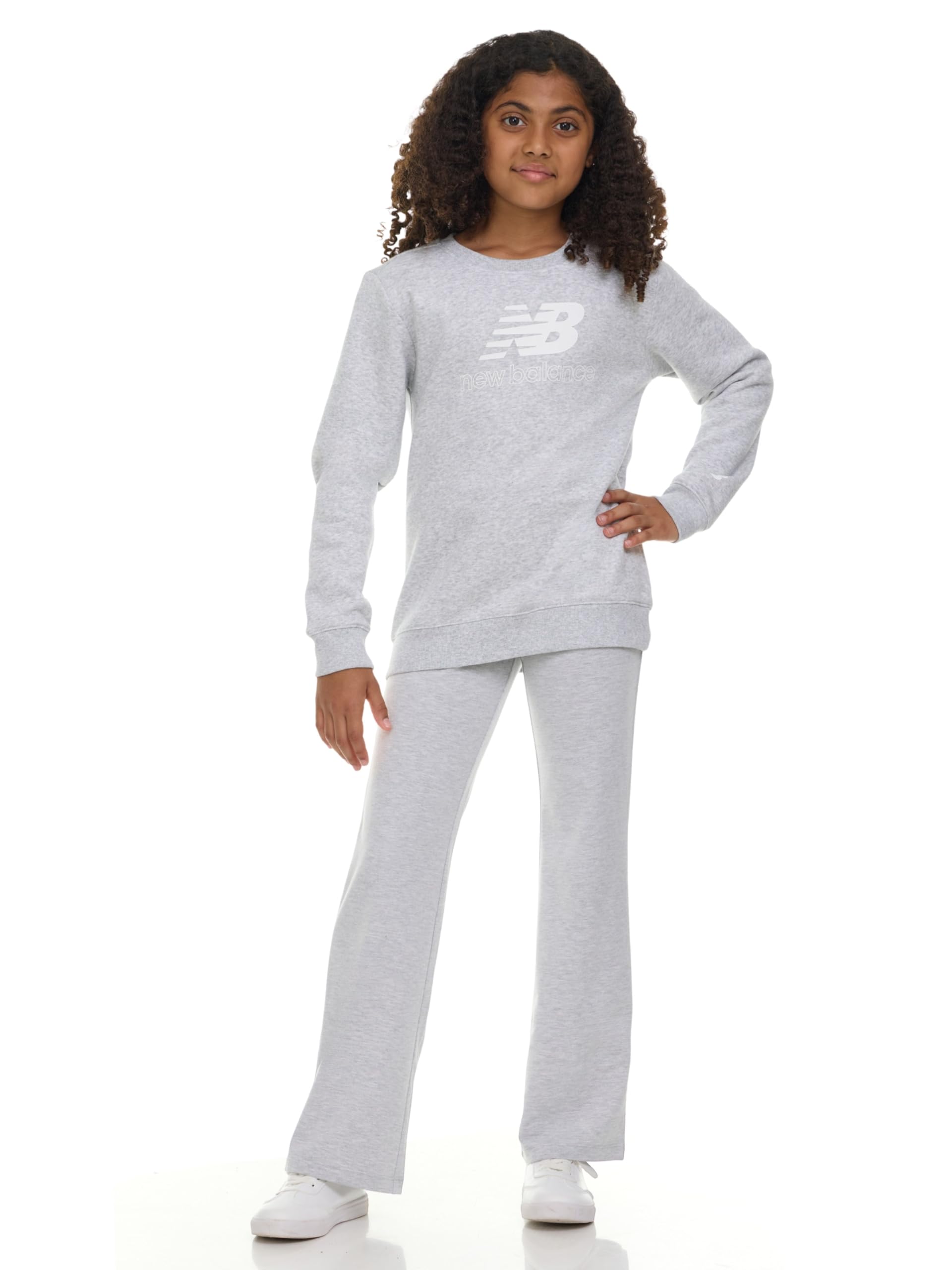 New Balance Girls 2 Piece Set Crewneck Sweatshirt Flared Leggings Set Soft Cotton Blended Fleece Premium Activewear