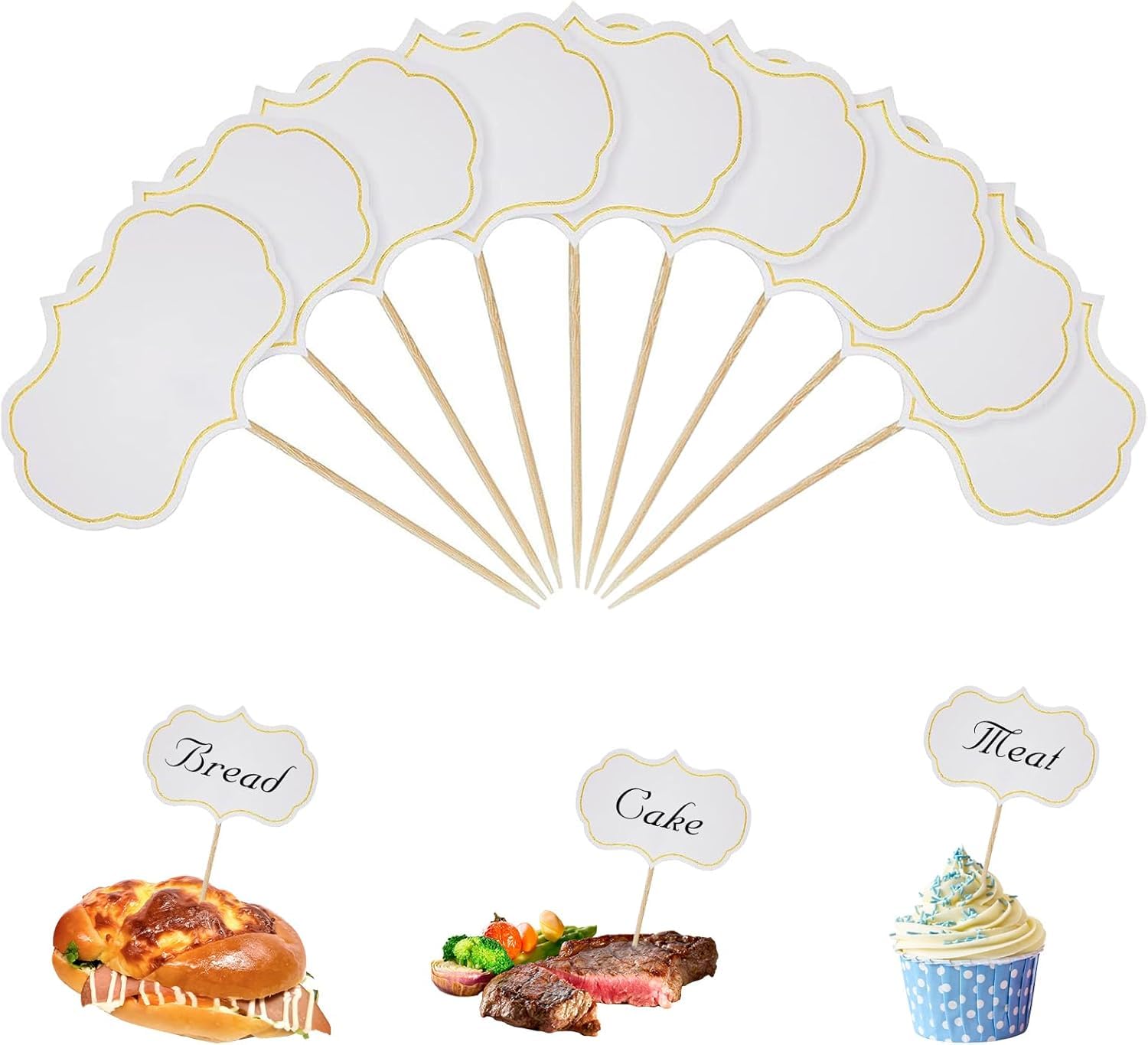 Produktbild von Set Aus 50 Weißen & 24 Braunen Papp-Buffetschildern – Lebensmittel-Etiketten Mit Zahnstocher, Für Party, Kuchen & Buffet