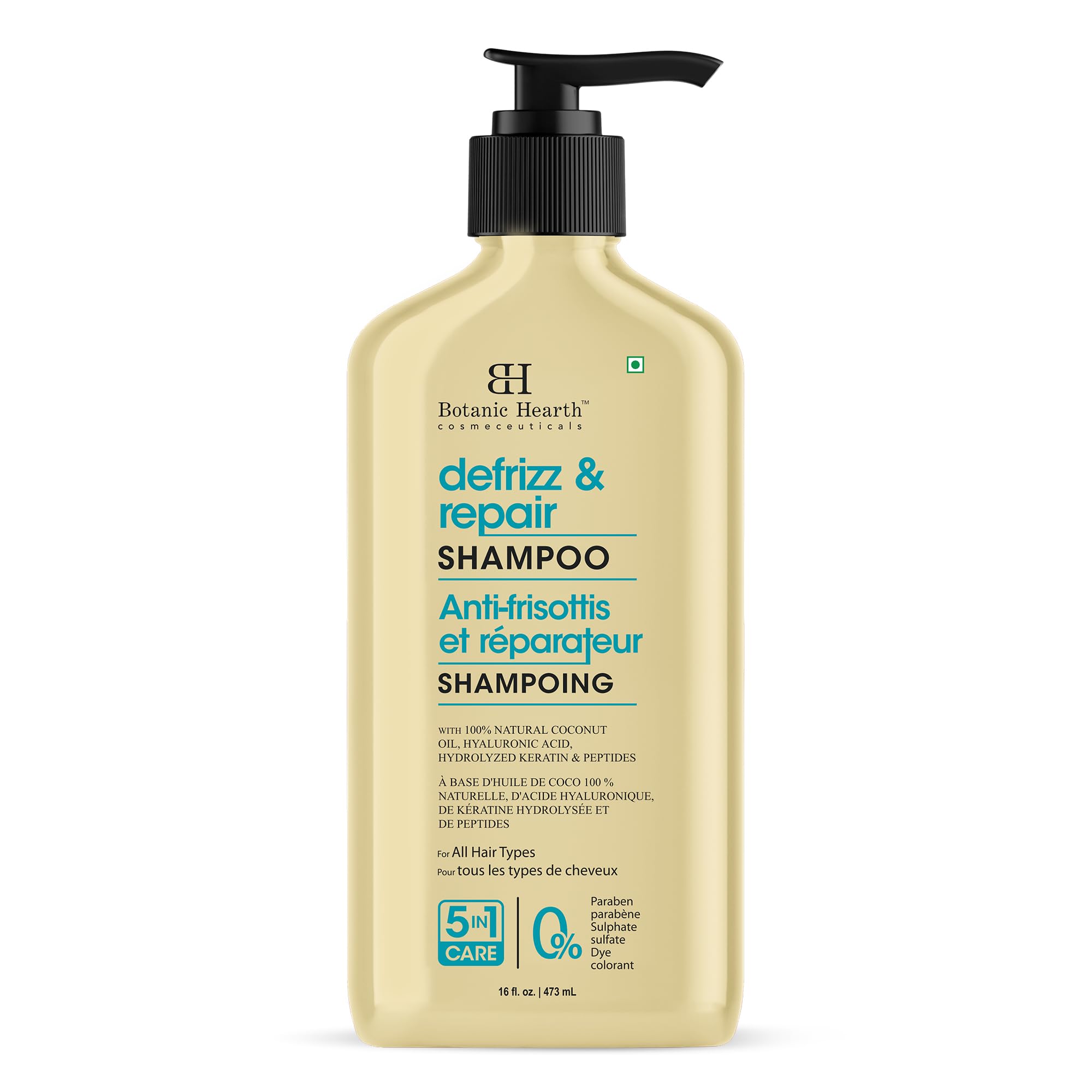 Defrizz & Repair Shampoo 16 fl. oz | 100% Natural Coconut Oil, Hyaluronic Acid, Hydrolyzed Keratin & Peptides | Frizz Control & Strengthening | Paraben & Sulfate-Free