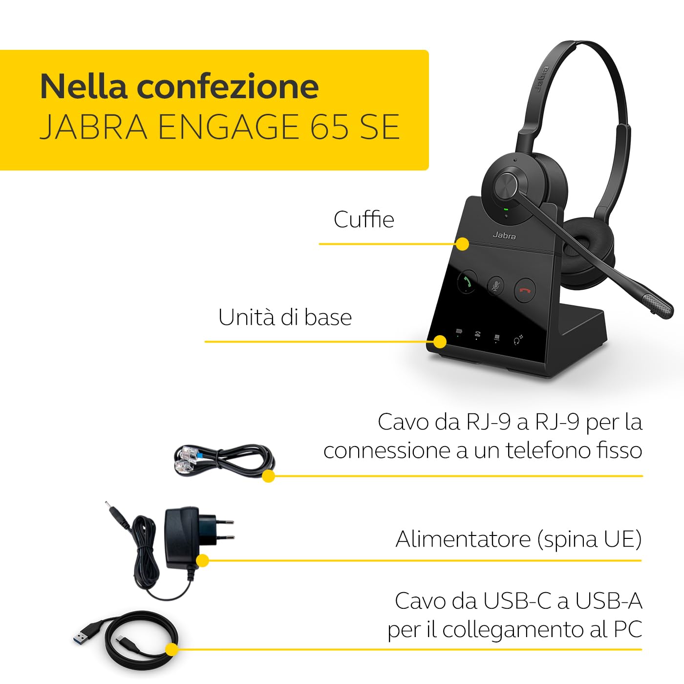 Jabra Engage 65 SE Stereo Wireless Headset Chiamate professionali, DECT Security, batteria da 13 ore, comfort per tutto il giorno con base, alimentatore, cavo USB-C, certificato Microsoft