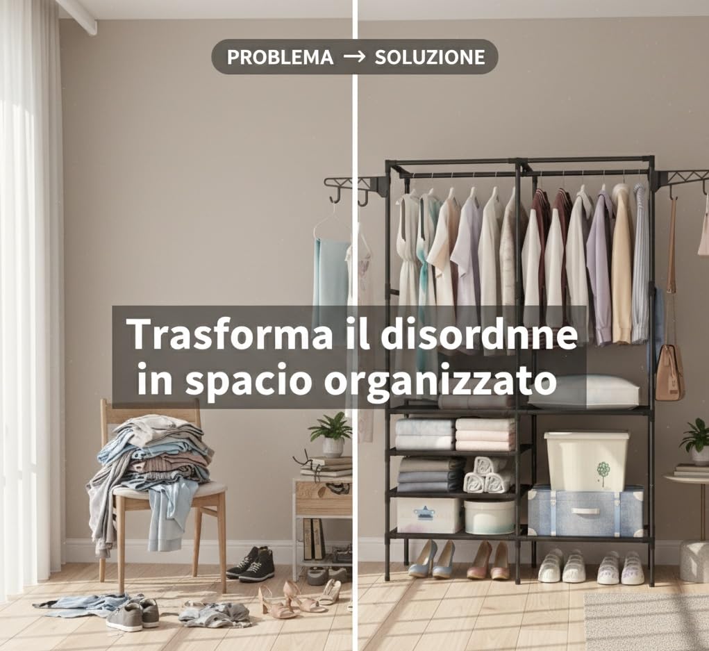 Scaffale Appendiabiti con Struttura in Metallo e Ripiani in Stoffa 108x36x170 cm – Armadio Aperto con Barra per Vestiti, Mensole Portaoggetti e Ganci Laterali – Organizer Salvaspazio per Camera