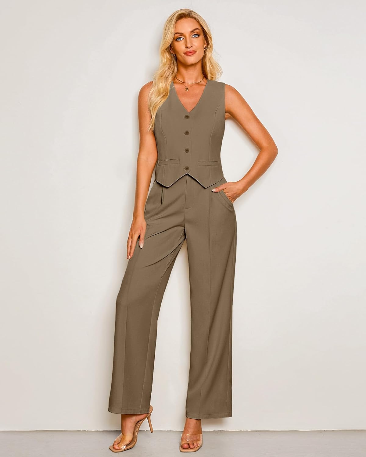 luvamia Pant Suits for Women Dressy Casual 2 Piece Sets Sleeveless Blazer Vest with High Rise Wide Leg Pants Work Office - Image 6