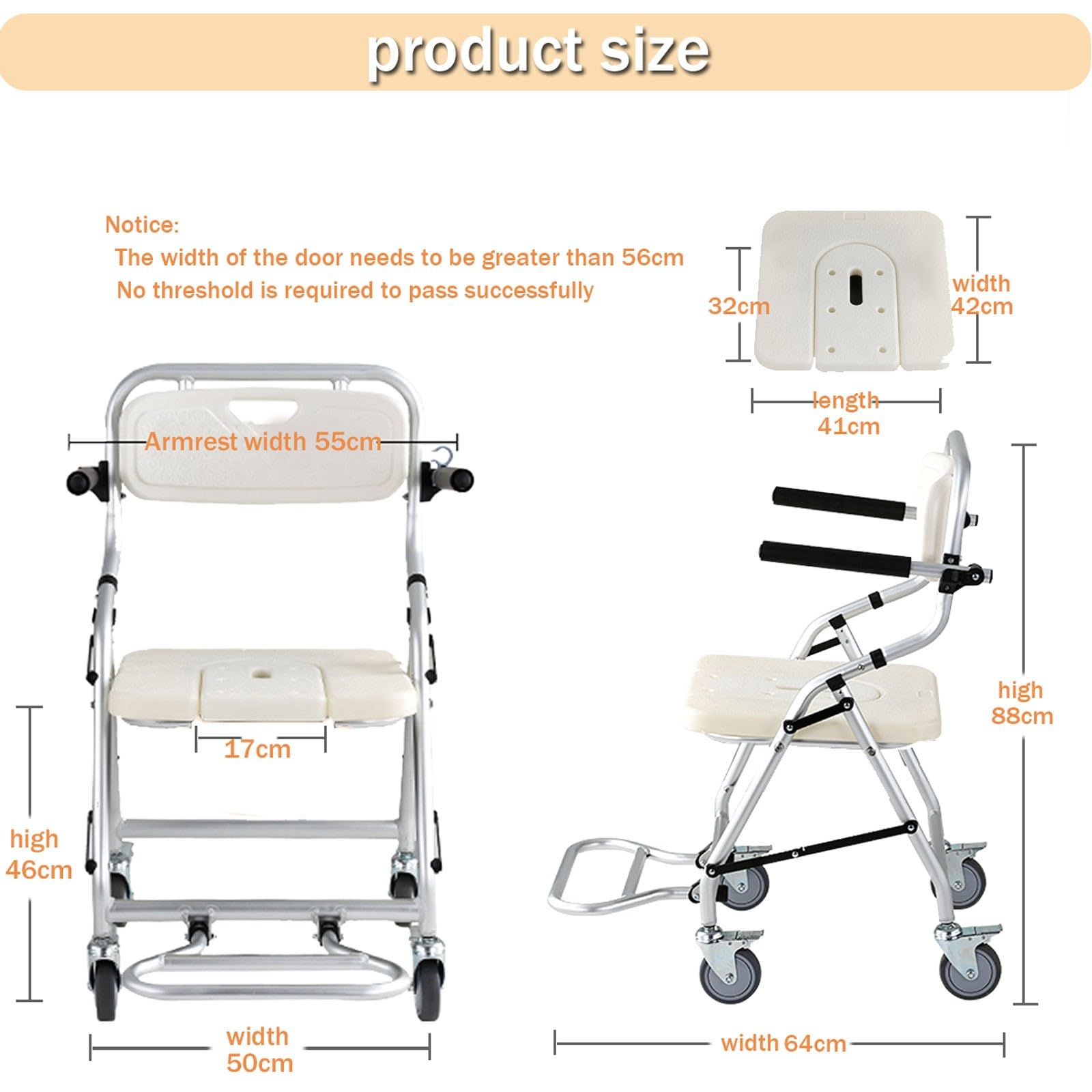 Silla de Ducha para Personas Mayores, Silla de Ducha con Ruedas Plegable