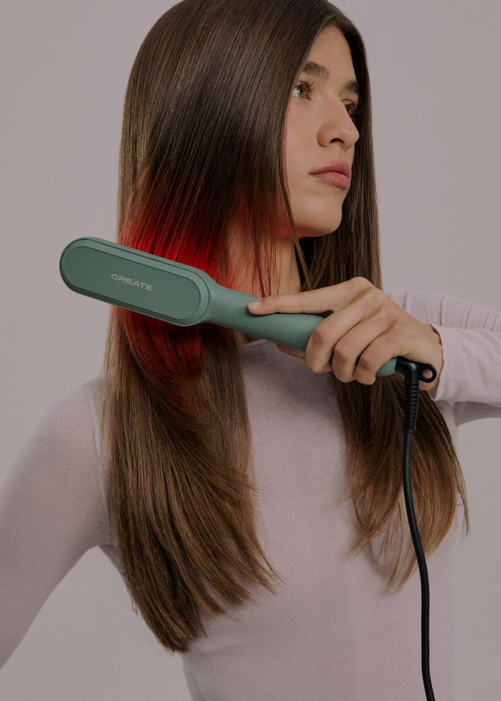 CREATE/ION LED STYLER/Spazzola lisciante ionica con trattamento LED verde salvia/Tecnologia anti-frizz, protezione anti-scottatura, spegnimento automatico di sicurezza, 35W