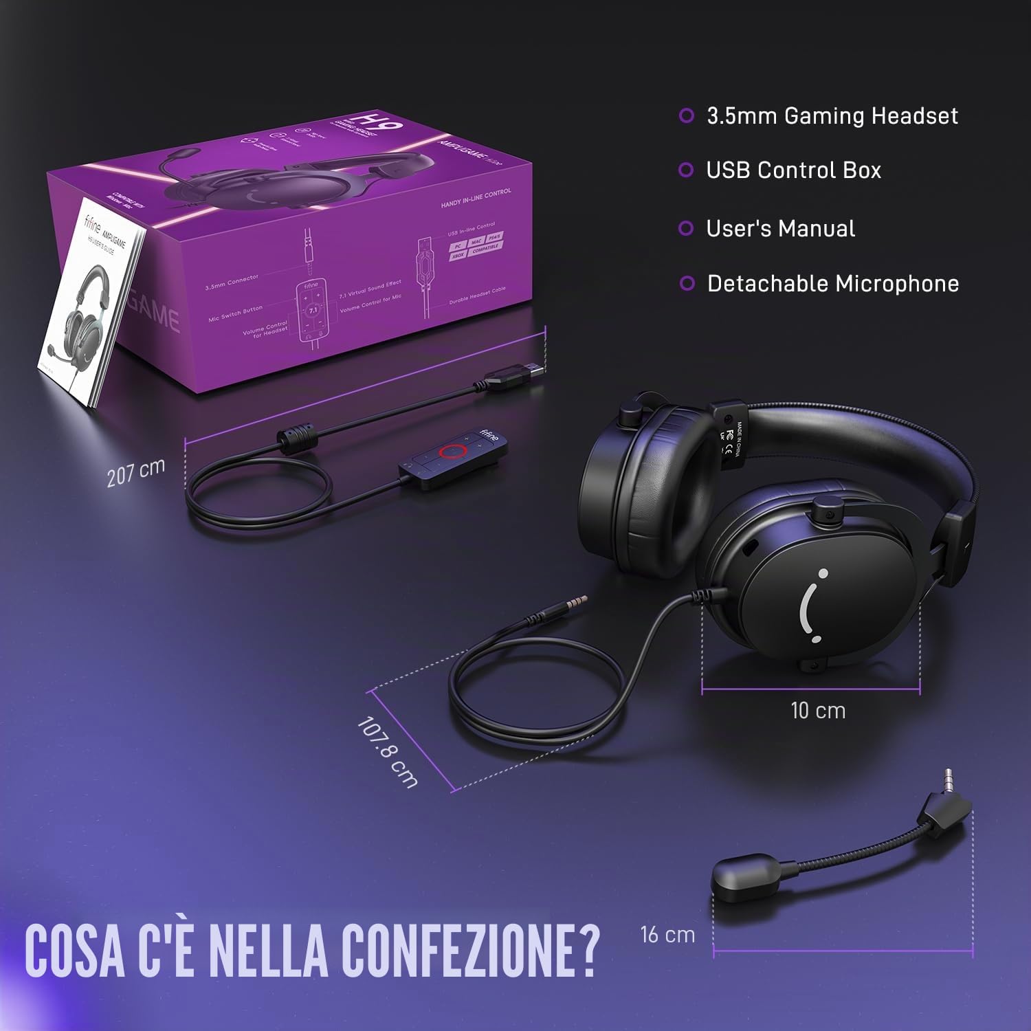 FIFINE Cuffie da gioco per PC, cuffie USB Streaming con jack da 3,5 mm, microfono staccabile, suono surround 7.1 per PS4 PS5, cuffie over-ear nere H9