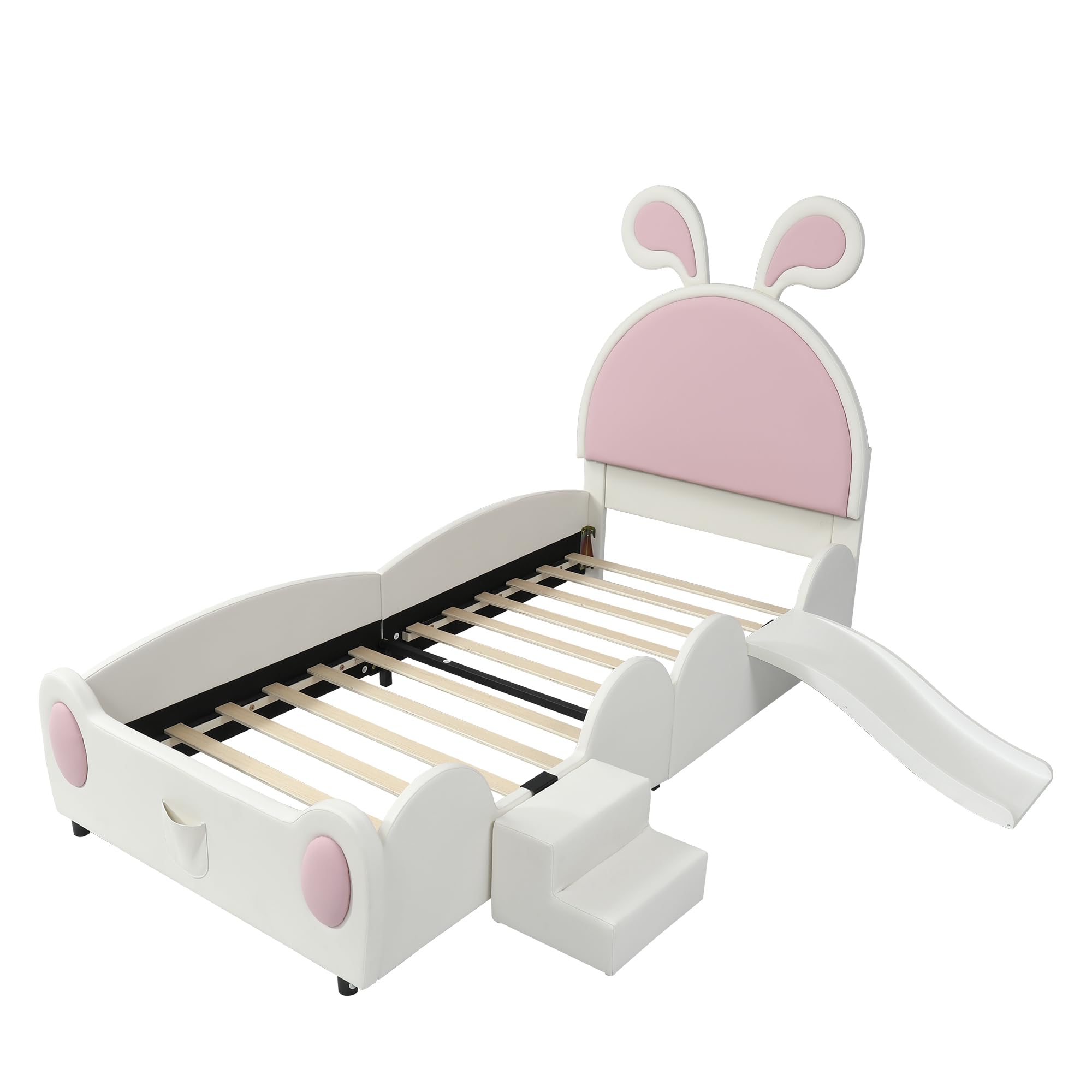 SUKY Letto imbottito 90 x 200 cm, letto singolo con piccola scala e scivolo per bambini, testiera con orecchie di coniglio, lettino con doghe in legno, PU, bianco+rosa