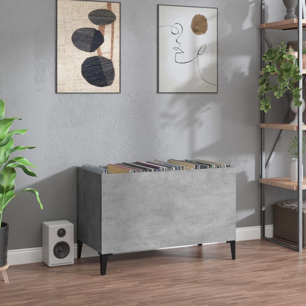 Armadio per dischi grigio cemento, 74,5 x 38 x 48 cm, in legno con piedini in metallo, spazioso armadietto multimediale per vinile, CD, DVD, HiFi, credenza e organizer per home theatre