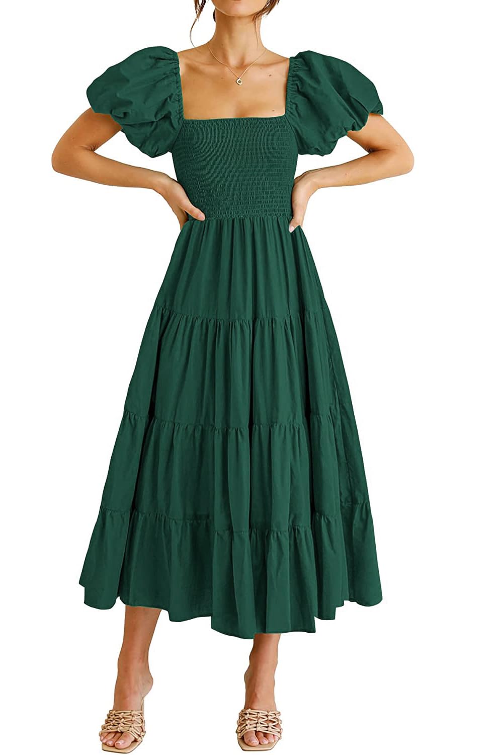 Plustrong Women's Green Short Puff Sleeve Summer Wedding Guest Flowy Long Dress Smocked Boho Beach Vacation Dress, L