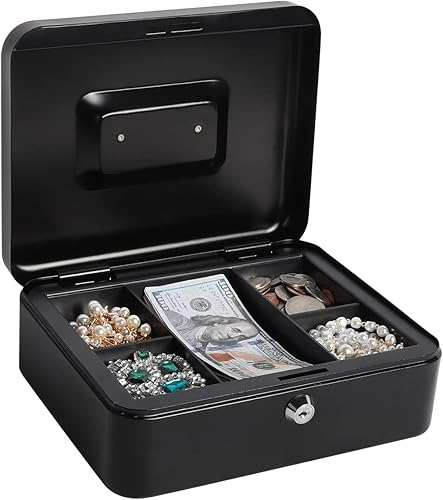 Caja de efectivo con bandeja para dinero y cerradura de llave, organizador de dinero para efectivo, 9.84 x 7.87 x 3.54 pulgadas, blanco medio