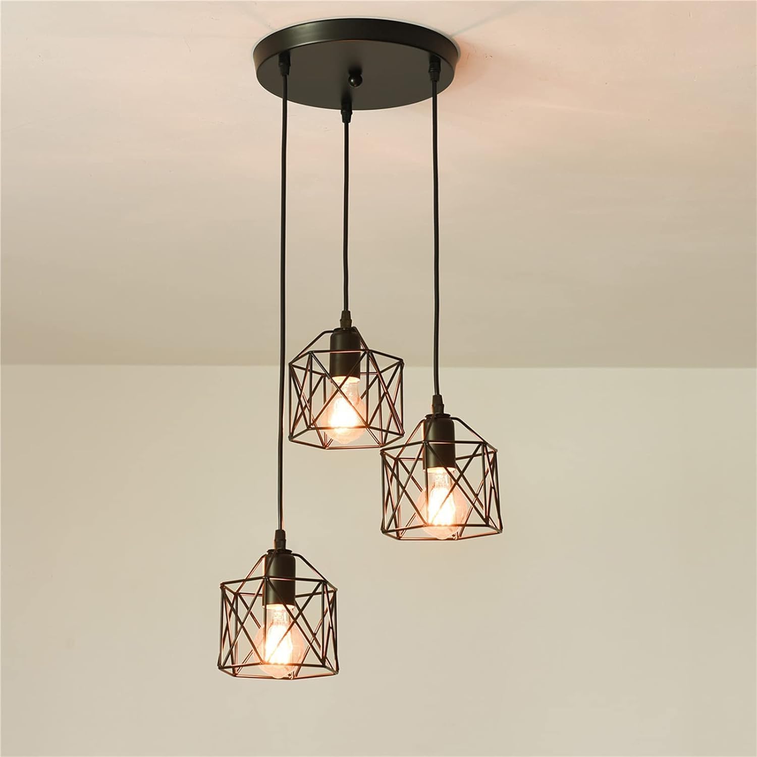 3 Luci Lampadario a Sospensione Industriale E27 Nero Geometrico a Semi-Incasso Apparecchio di Illuminazione a Soffitto per Cucina, Sala da Pranzo, Corridoio, Porta (Lampadina Non Inclusa)