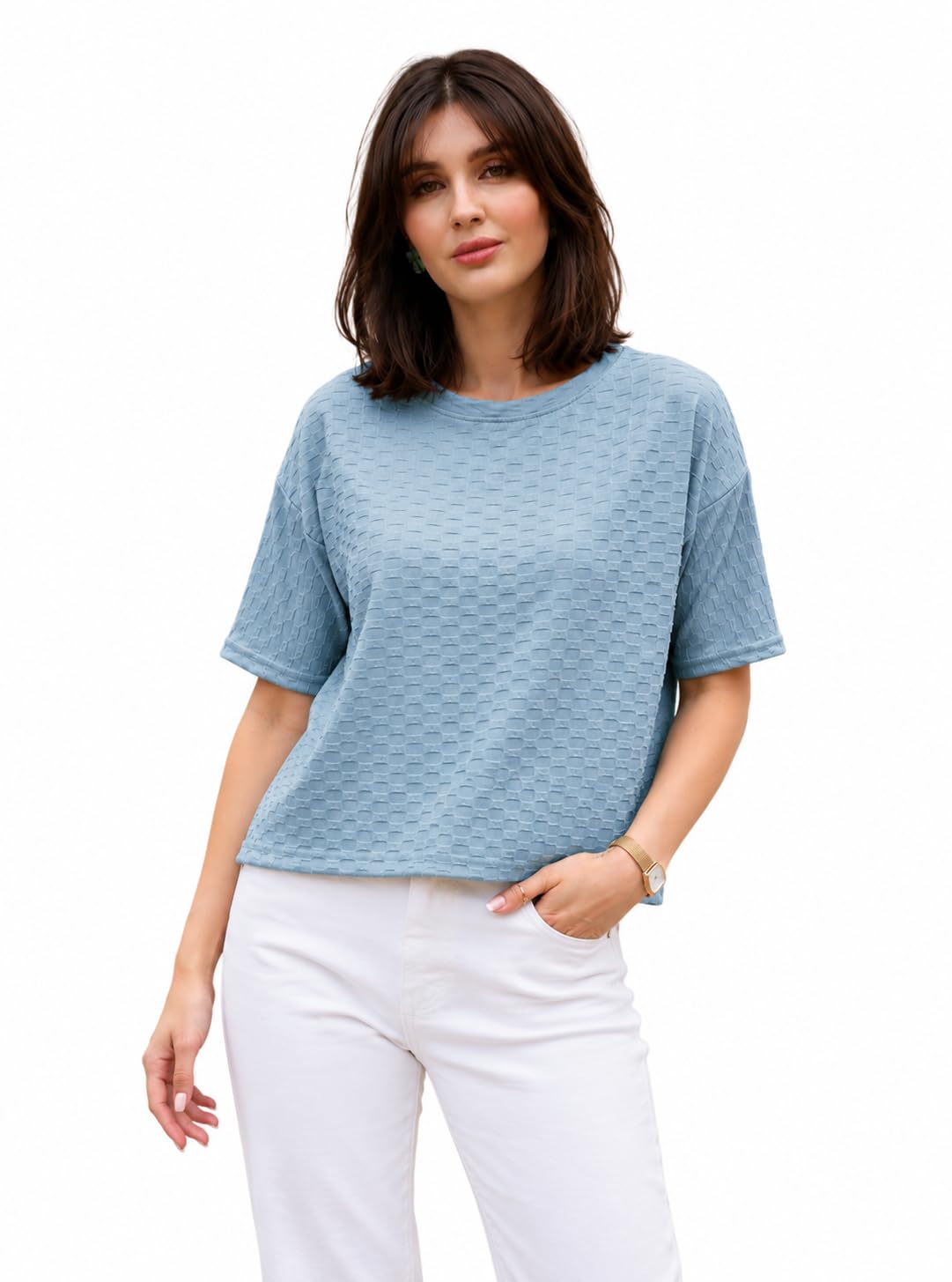 zilcon Women's Textured Oversized T-Shirt | Soft Waffle Knit Fabric | Round Neck Half Sleeve Casual Loose Fit Top for Women-picture-36