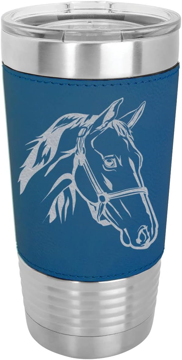 LaserGram 20oz Horse Head Tumbler, Dark Blue Faux Leather Wrap, Double Wall Vacuum Insulated Stainless Steel with Sipping Lid