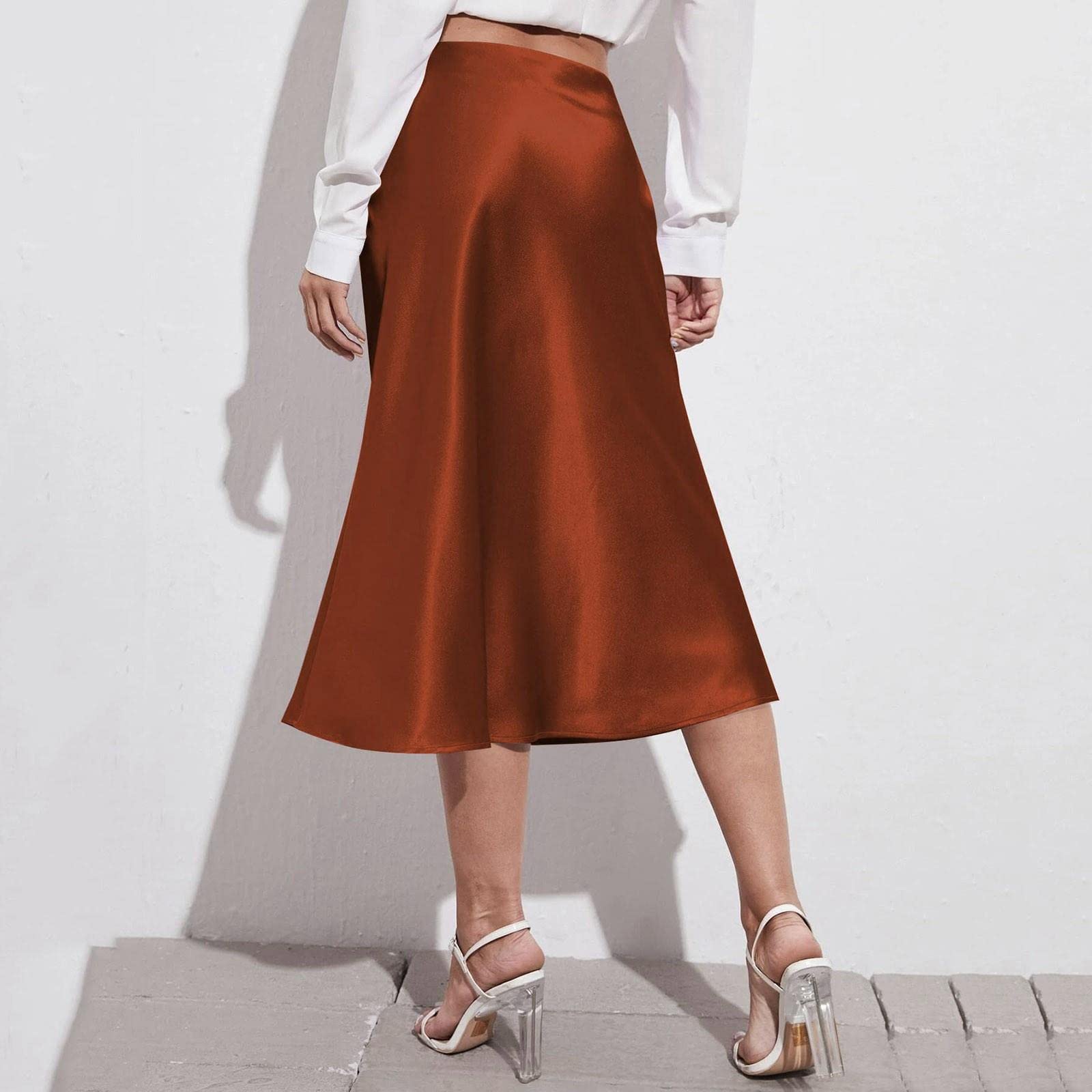 Falda larga de gasa para mujer, falda midi de cintura alta, vestido de satén de color sólido, con cremallera, faldas de verano para mujer