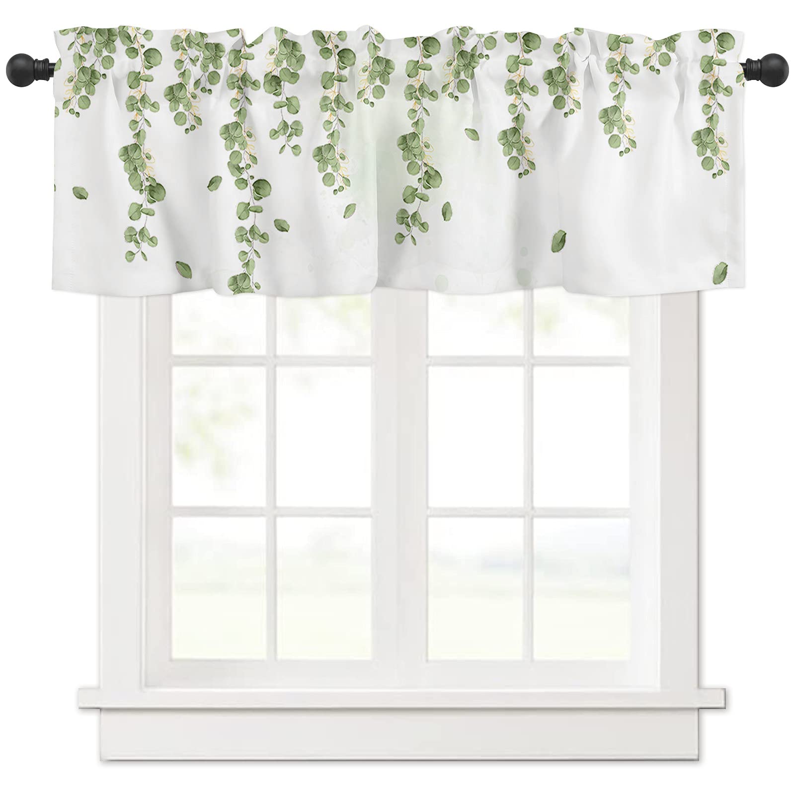 DoremiHome 1PC Green Leaves Window Treatment Valance for Kitchens, Bathrooms, Decorative Rod Pocket Curtain Valance Short Winow Valance Curtains, 52" W x 18" L, Watercolor Plant Eucalyptus Green Leaf