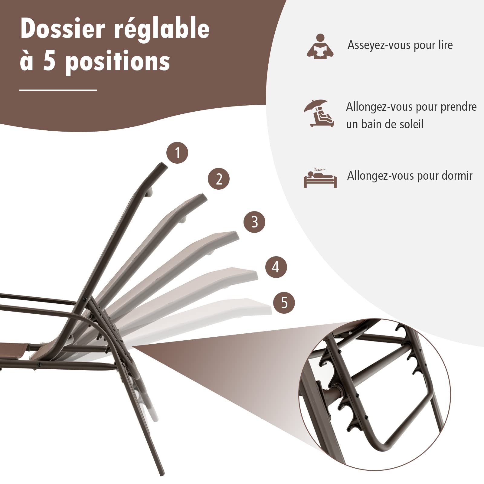 COSTWAY Lot de 2 Chaises Longues Jardin, Dossier à 5 Positions