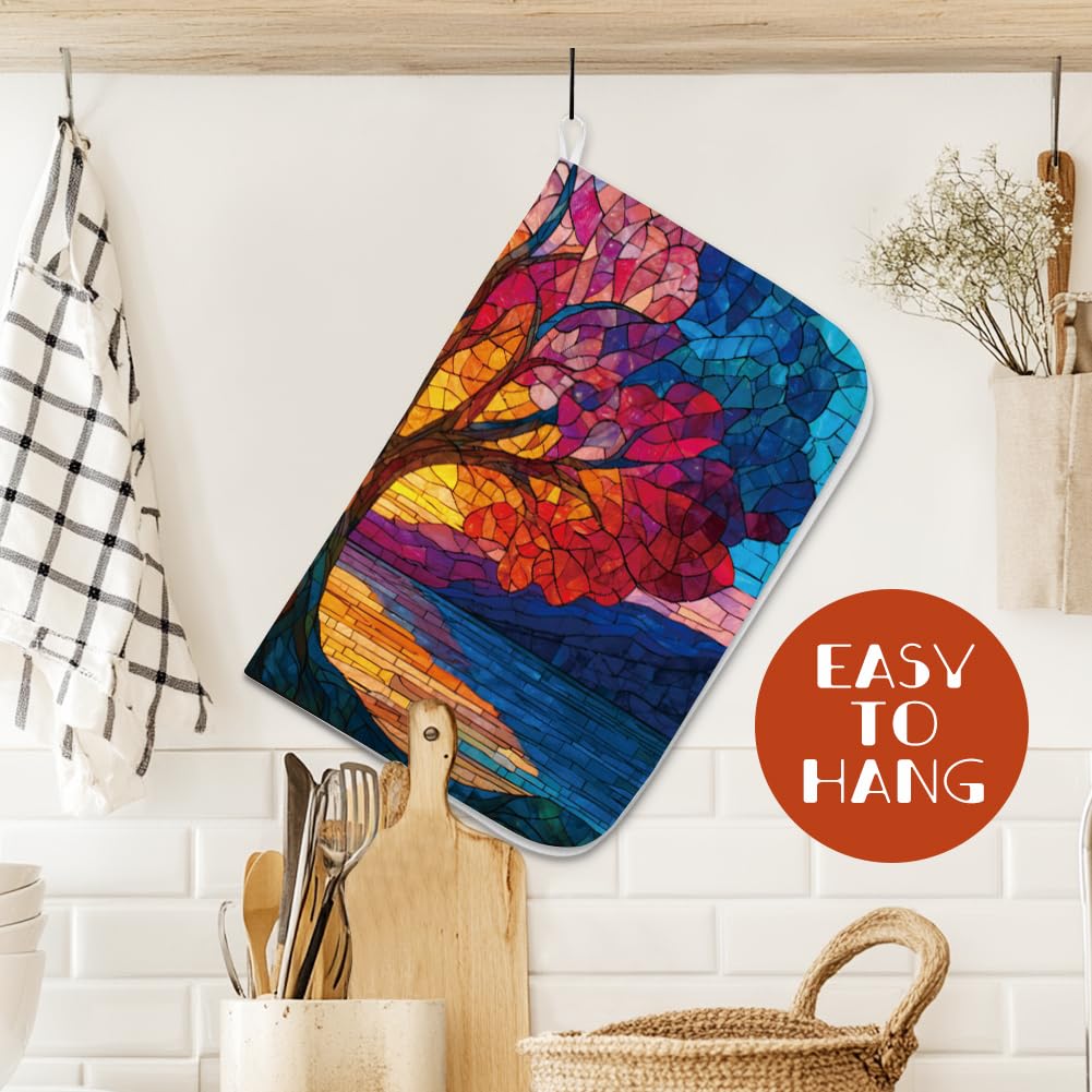INFUNLY Tapis d'égouttoir à vaisselle Motif arbre de vie - En microfibre absorbante - Antidérapant - 60 x 45 cm - Pour table, plan de travail, évier, café, bar