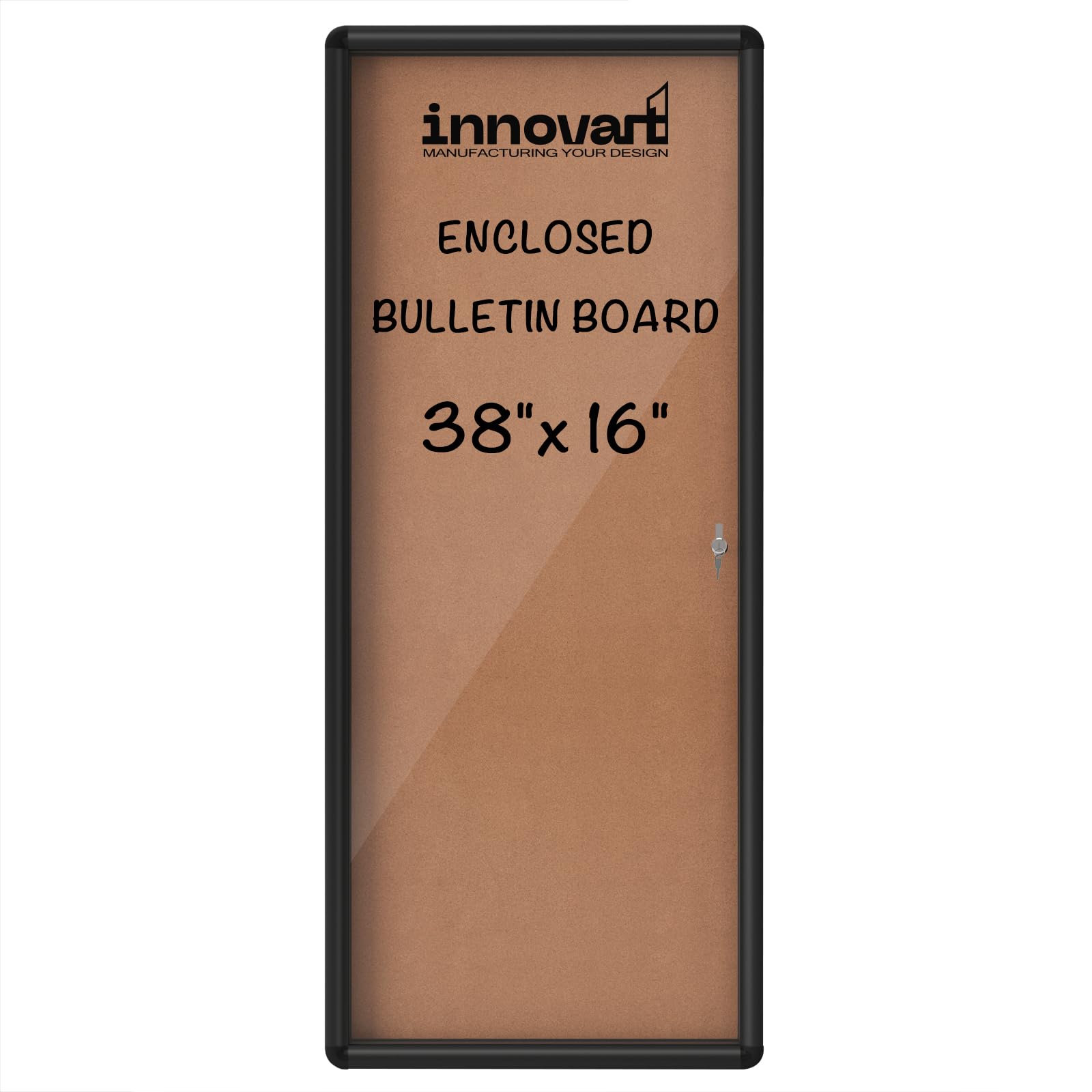 INNOVART Enclosed Bulletin Board 38”x16”, Weatherproof Bulletin Board Cork Noticeboard w/Black Aluminum Frame, Outdoor Wall Display Case w/Swing-Open