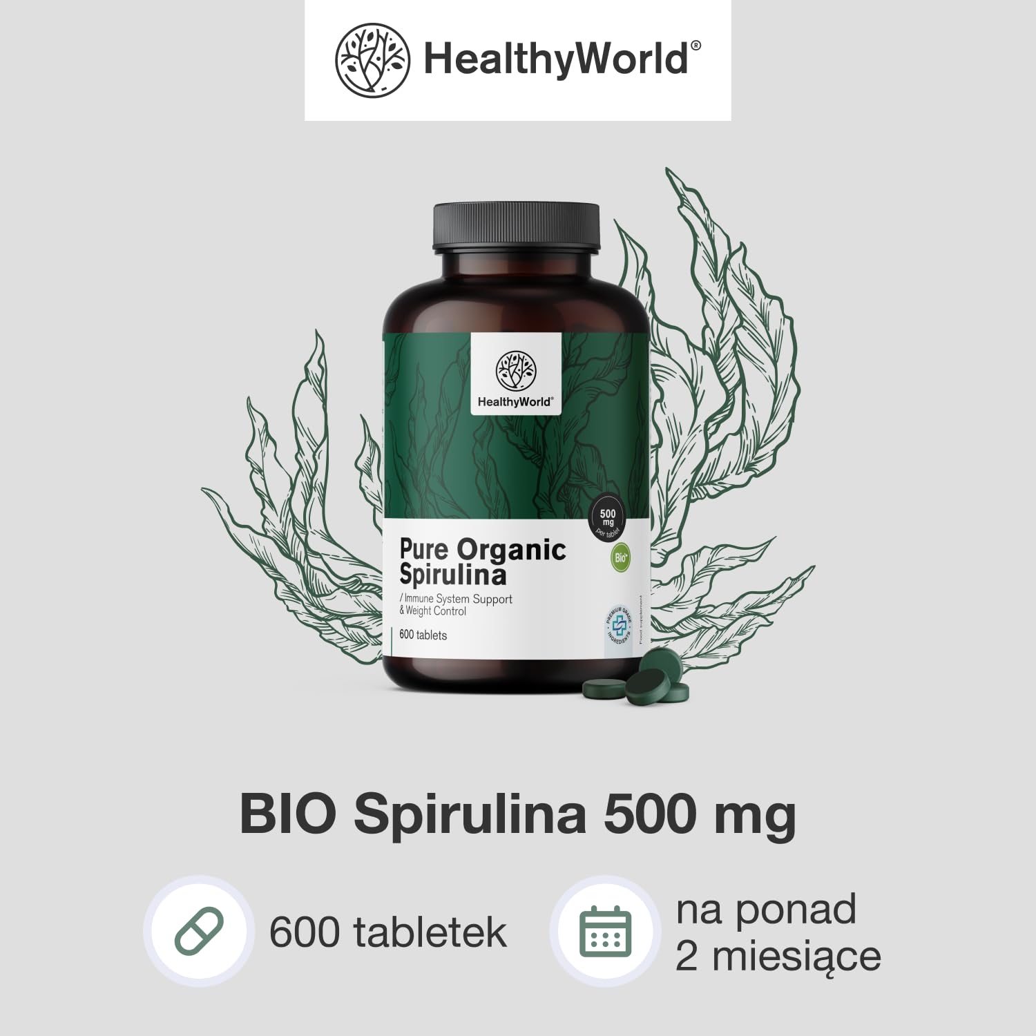 HealthyWorld BIO Spirulina 500 mg - 600 Tabletek - 100% Naturalne Składniki - 4000 mg na Dzienną Porcję - Bez GMO - Na ponad 2 Miesiące - Regulacja Masy Ciała