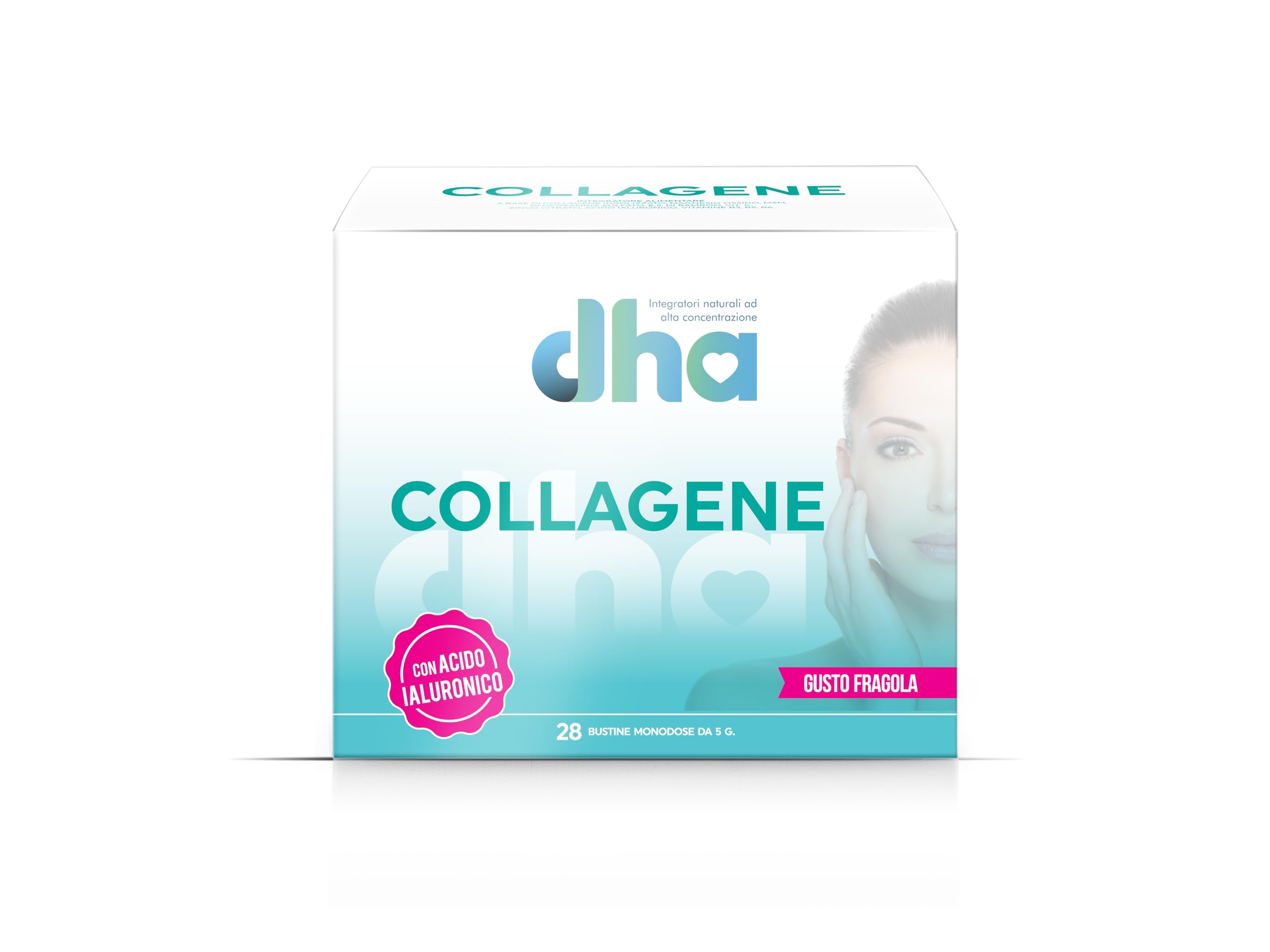 Collagene DHA - Collagene Idrolizzato 28 Bustine da 5 gr, Integratore con Collagene, Acido Ialuronico e Vitamina C per la Cura della Pelle, Gusto Fragola