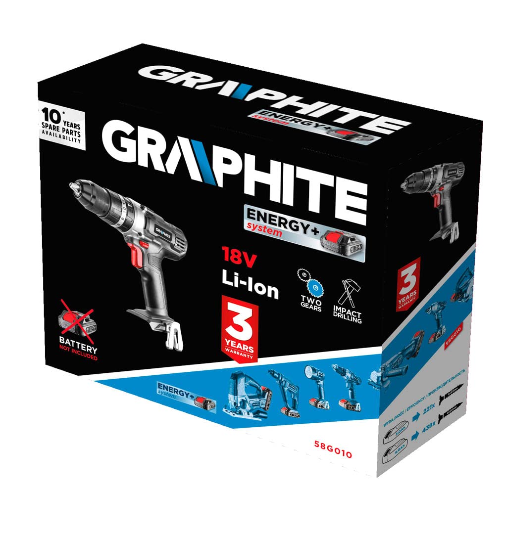 GRAPHITE Perceuse-visseuse sans fil 18V, Li-Ion, RPM I : 0-350 min-1 II : 0-1250 min-1, impact I : 0-5250 min-1 II : 0-18750 min-1, sens horaire/antihoraire, mandrin auto-serrant 2-13 mm