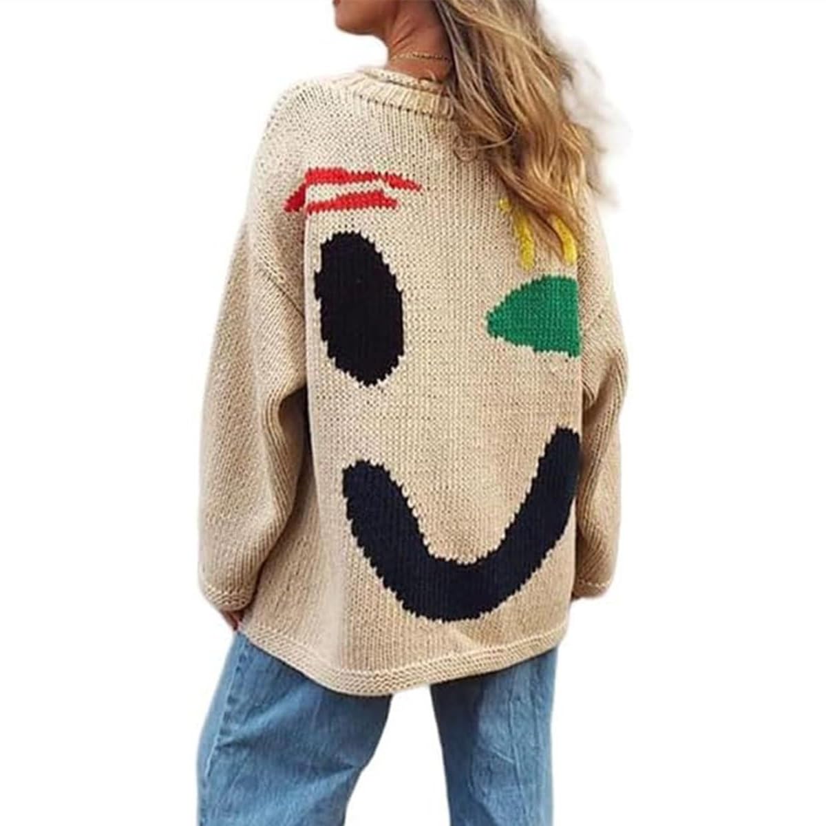 Happy Sunday Feel Good Knit Jumpers, Women Colorful Crew Neck Oversized Pullover Sweaters Coat Y2K Casual Comfy Jumper Knitwear Tops for Couple(Apricot,S)