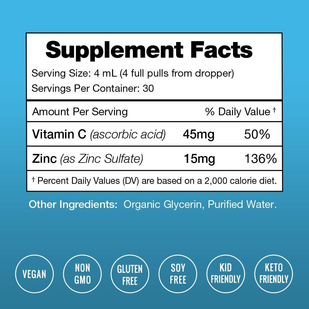 Organic Zinc Sulfate Liquid Supplement - Immune Support System Boost - Pure Ionic Concentrated Mineral Drops for Men, Women & Kids Enhanced with Vitamin C - 4 oz Great Tasting Defense Booster: Health & Personal Care