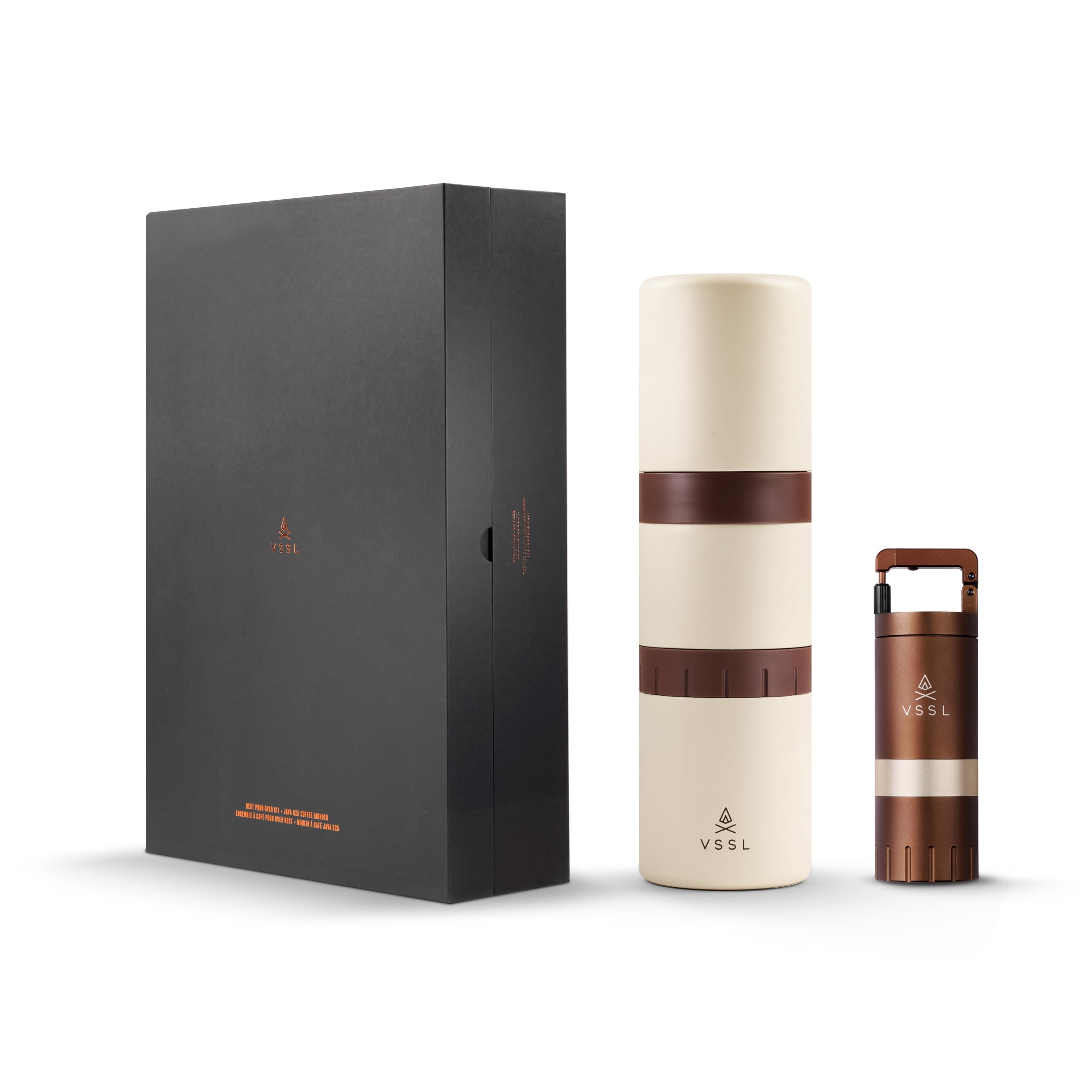 Nest Pour Over Coffee Kit + Java G25 Grinder Gift Set, Contains Two 10 Oz Mugs, Splash Proof Lid, Pour Over Coffee Dripper, Java G25 Grinder and Storage Connector, Cream