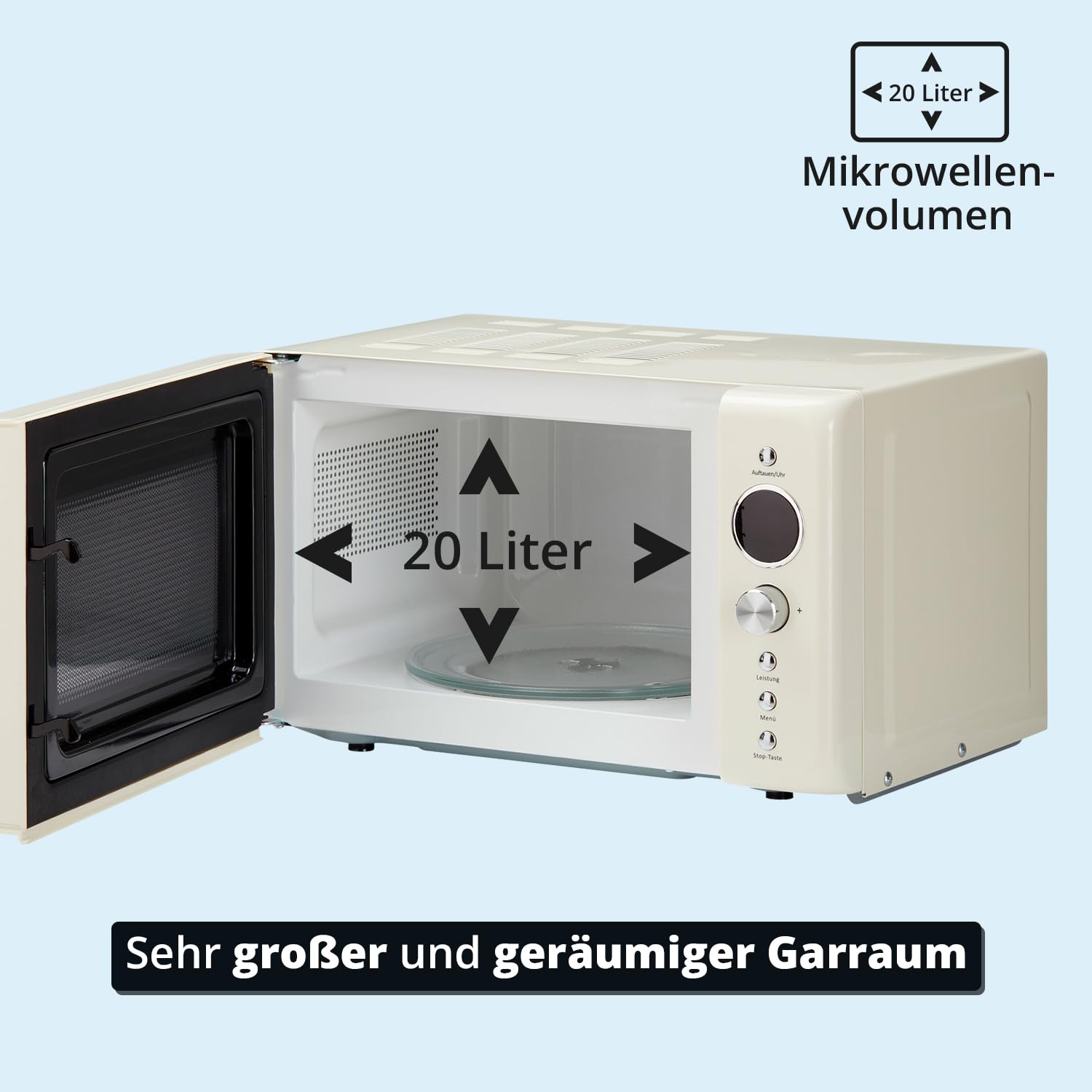 KHG Mikrowelle MW-20R2(C) 20L aus Metall in creme, 8 Automatikprogramme, 6 Mikrowellenleistungen, bis 1.200 Watt, inkl. LED-Anzeige, 60-Minuten-Timer, Drehteller und Kindersicherung