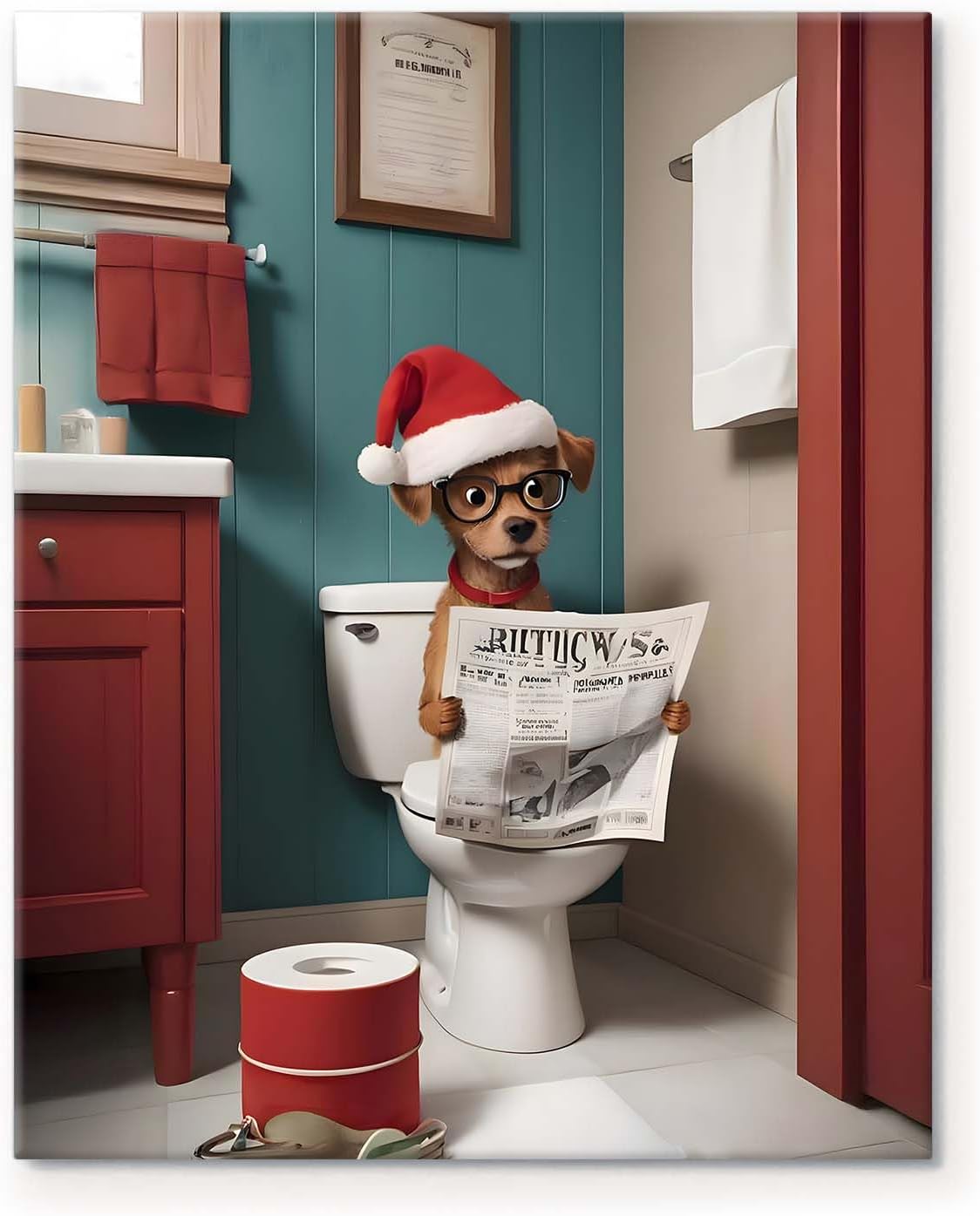 Funny Snowman Bathroom Wall Art - Christmas Toilet Snowman Paper Holder Canvas Pictures Print Poster Framed Artwork, Holiday Wall Decor Artwork for Bathroom or Living Room 11x14inch