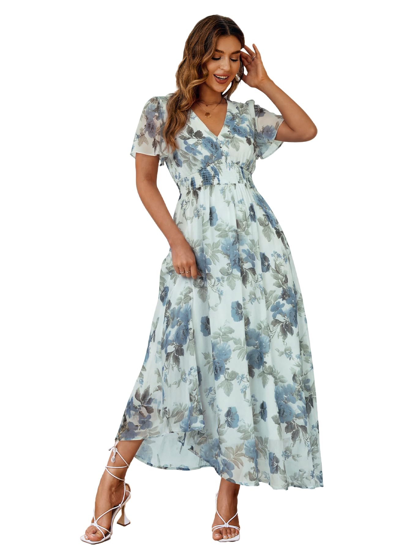 Simplee Women's Boho Floral Maxi Dress Flowy Casual V Neck Short Sleeve Wedding Guest Holiday Beach Long Dress