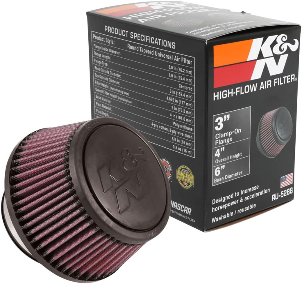 K&N High-Flow Original Lifetime Universal Clamp-On Air Filter: High Performance, Premium, Washable,: Flange Diameter: 3 In, Filter Height: 3 In, Flange Length: 1 In, Shape: Round Tapered, RU-5288