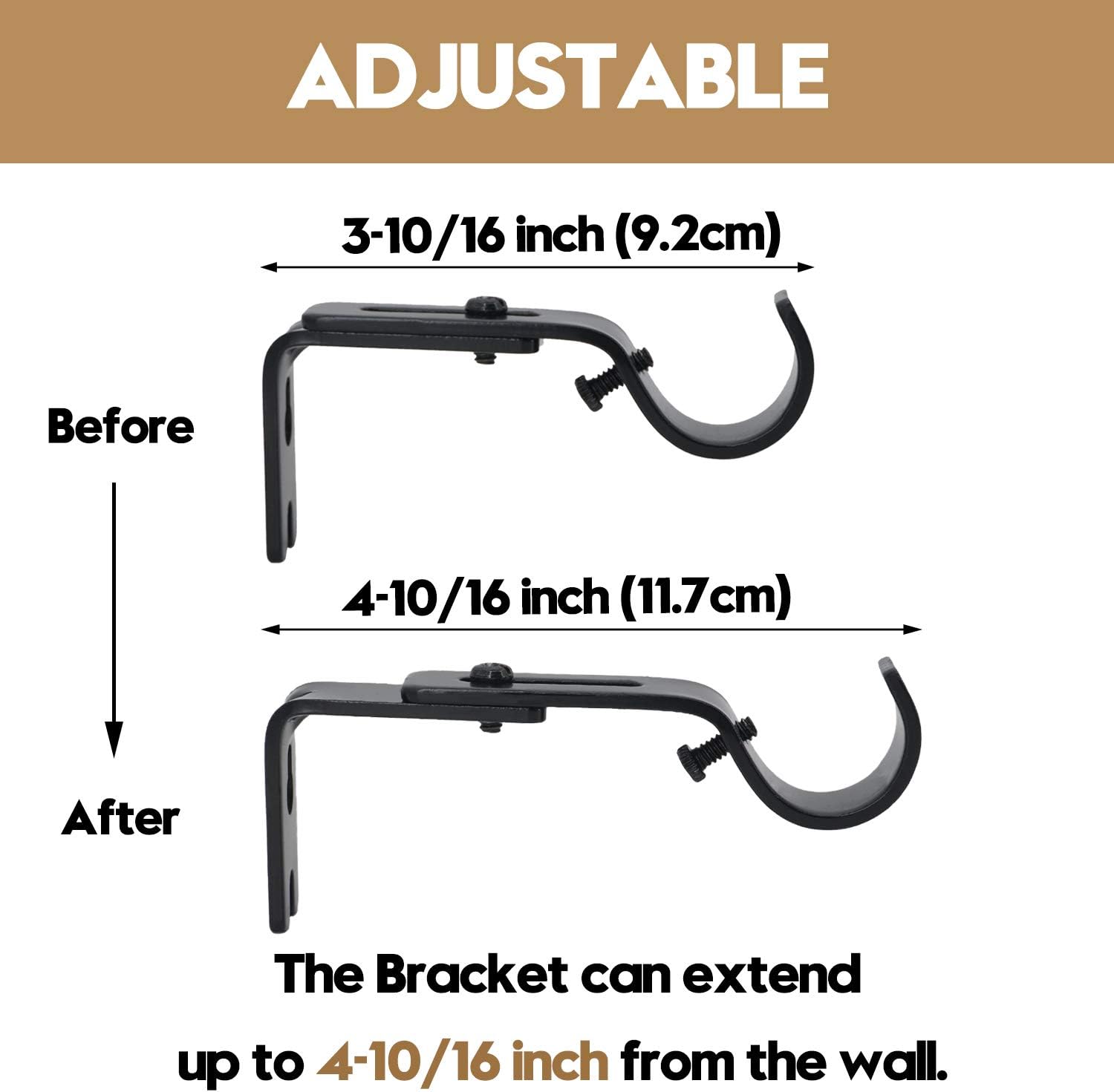 AddGrace Adjustable Curtain Rod Bracket, Fits up to 1 inch Curtain Rod, Set of 6, Sturdy Extendable Curtain Rod Holder, Metal Single Rod Bracket for Wall (Black)