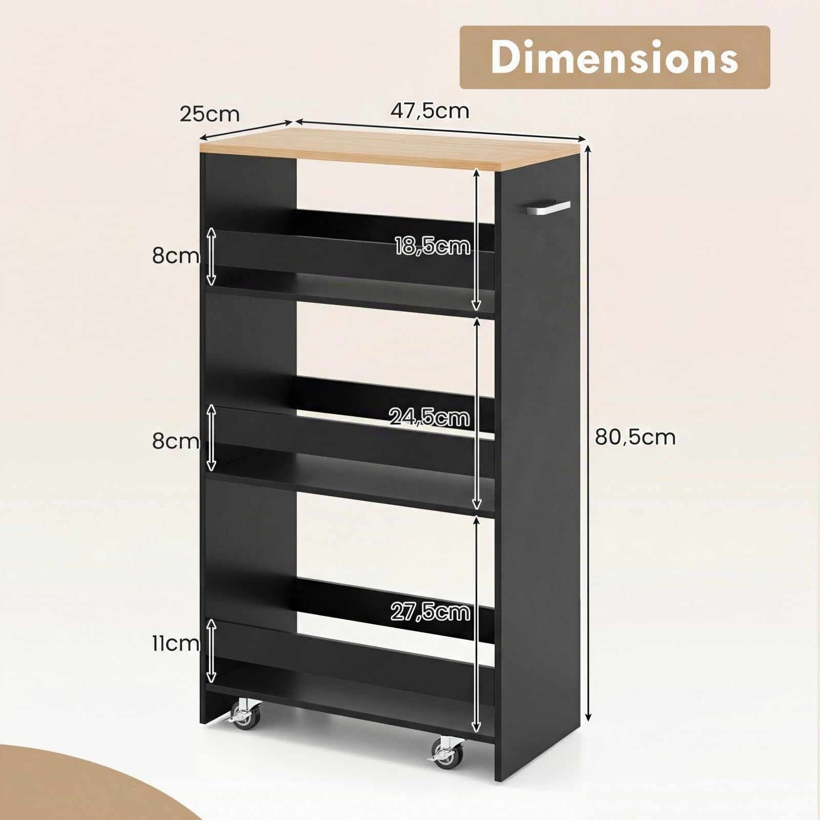 COSTWAY Chariot de Rangement Fin 25 cm, Desserte à 4 Niveaux avec roulettes, Étagère de Cuisine avec Poignée Latérale et Roues Universelles avec Freins, Design Étroit, Noir + Naturel